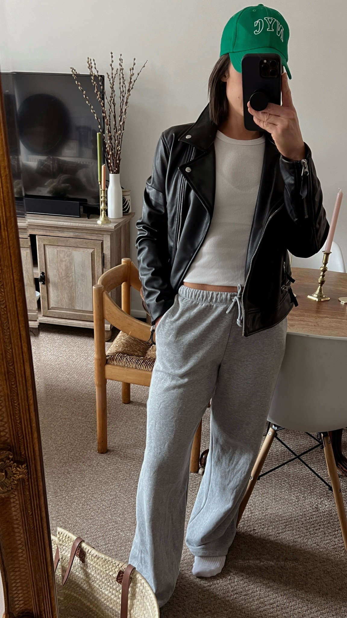 Spring outfit. Errands outfit. European style. Grey jogger sweats. Black biker leather jacket. Casual outfit. Casual look. Saturday outfit. Casual weekend style. 

#LTKfindsunder50 #LTKeurope #LTKfindsunder100