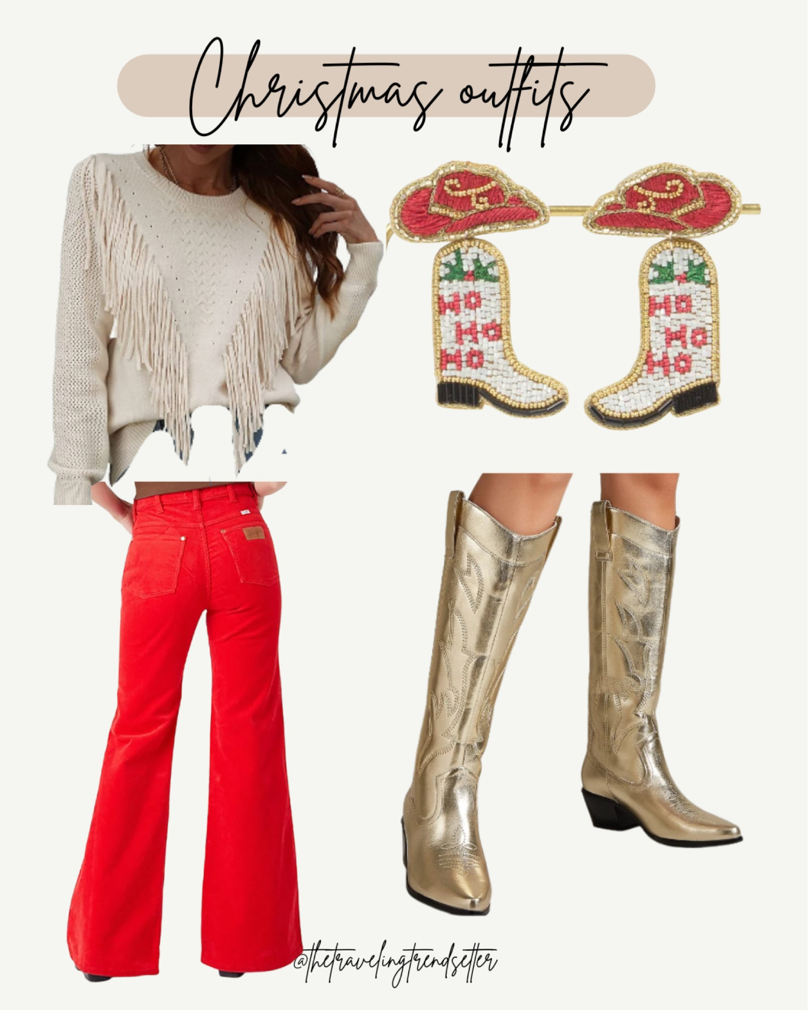 Christmas outfit idea - Christmas - holidays - outfits for winter - western Christmas outfit idea - red bells - gold boots - Christmas earrings - fringe cream sweater #amazon #shein #earrings #christmas #holidays #cowgirlboots #wrangler - nfr fashion

#LTKunder50 #LTKHoliday #LTKSeasonal