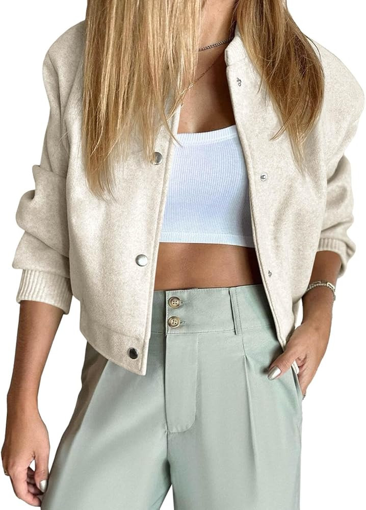 Amazon.com: Tankaneo Womens Cropped Bomber Jacket Wool Blend Varsity Short Pea Coats Long Sleeve ... | Amazon (US)