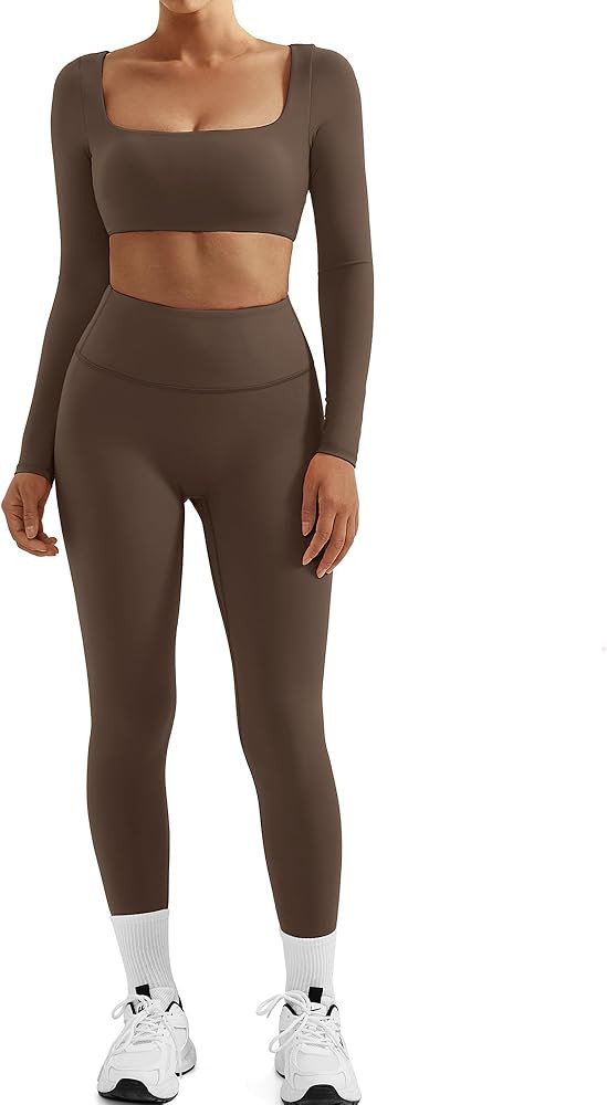 SUUKSESS Women 2 Piece Workout Sets Compression Tummy Control Leggings with Pockets Long Sleeve S... | Amazon (US)