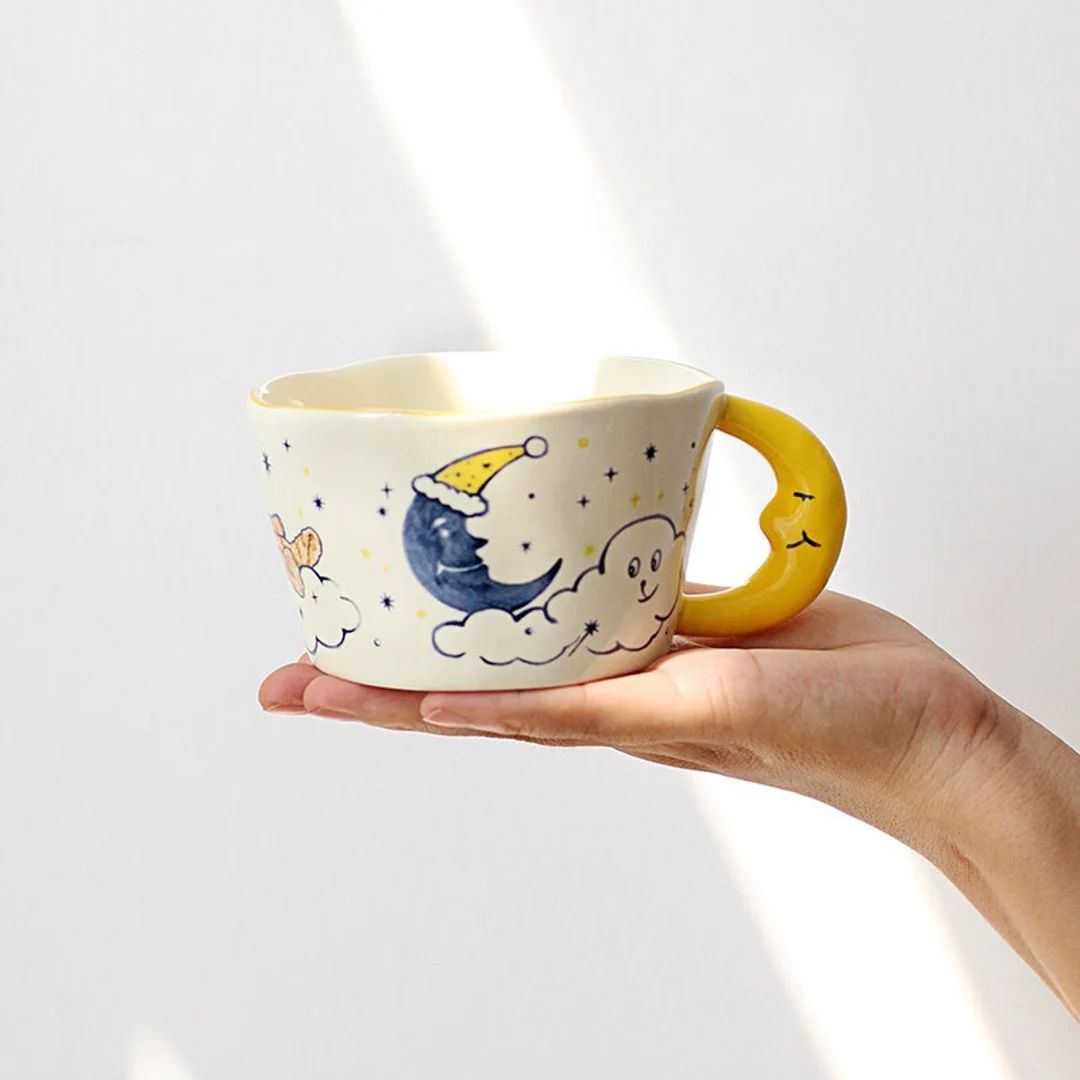 Hand Painted Bear & Moon Mug, Cresent Moon Handle, Cute Bear Mug, Good Night Mug, Perfect Gift For B | Etsy (US)