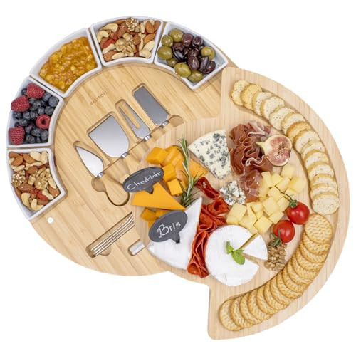 ChefSofi Charcuterie Cheese Board and Platter Set - Made from Bamboo Wood - US Patented 16 inch Cheese Cutting Board and Knife for Entertaining and Serving - 4 Knives - 5 Bowls - 2 Markers - 4 Forks | Amazon (US)
