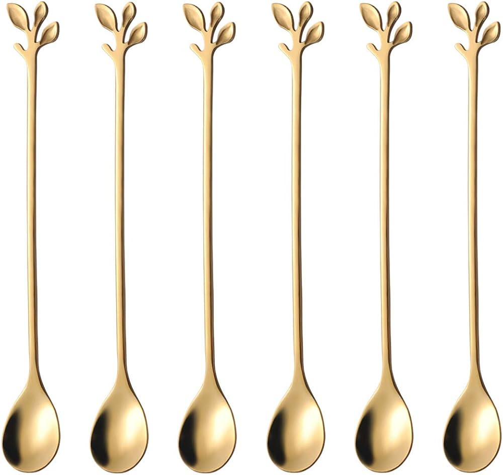 AnSaw Small 6.5-Inch Leaf Coffee spoon set, 6 Pcs Gold Stainless Steel Teaspoons | Amazon (US)