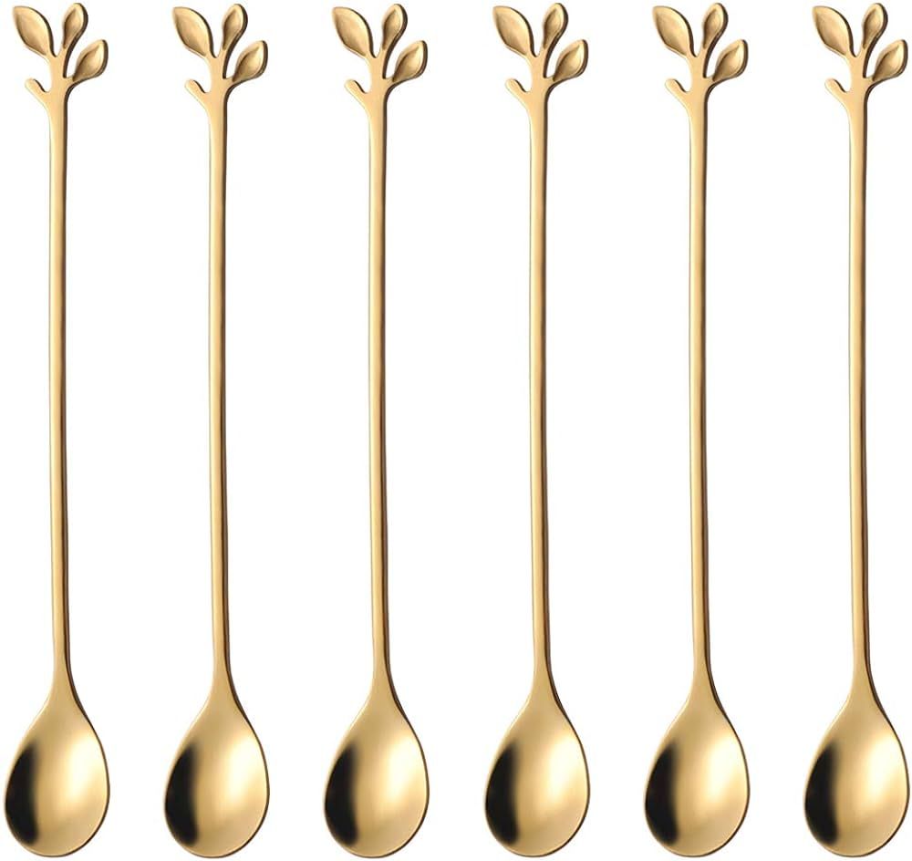 AnSaw Small 6.5-Inch Leaf Coffee spoon set, 6 Pcs Gold Stainless Steel Teaspoons | Amazon (US)