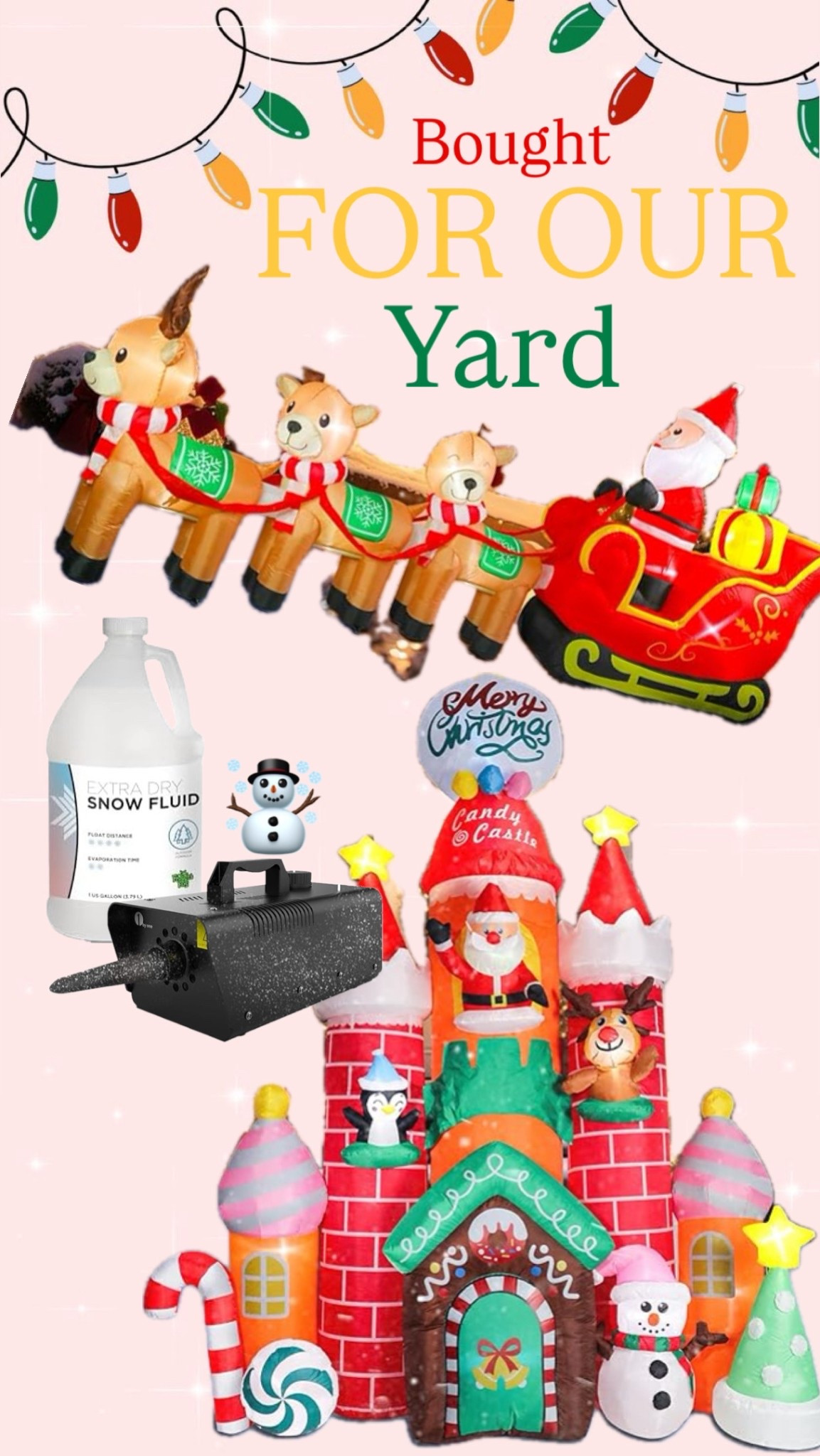 Christmas Decor

Taman 9.6 FT Christmas Inflatable Decorations Christmas Castle, Outdoor Yard Decorations Built-in Bright RGB Projector Light Blow Up for Yard, Garden,Lawn Outdoor Holiday Yard Decorations

WONDER GARDEN 12FT Christmas Inflatable Outdoor Decorations with Santa Claus on Sleigh and Reindeer Christmas Blow Up Yard Decorations with LED Lights for Xmas Holiday Party Garden Patio Lawn Decor

1byone 650W Snow Machine Wired Remote Control Great Machine for Kids, Parties, Parades

Froggy's Flakes Snow Machine Fluid, Extra Dry Formula Snow Fluid with 30 Feet Float/Drop, 1 Gallon

#LTKKids #LTKHome #LTKHoliday