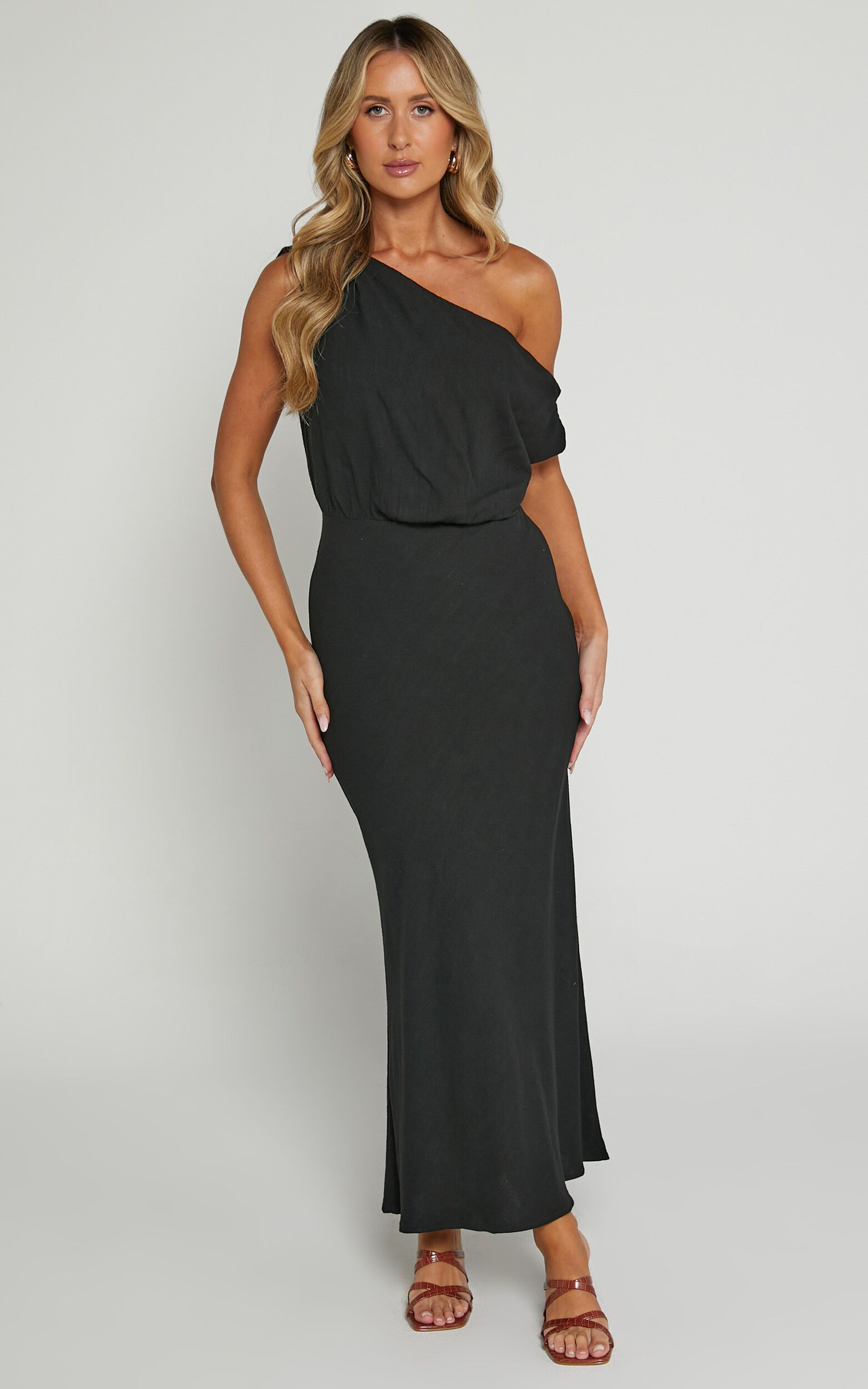 Jacqueline Midi Dress - Linen Look One Shoulder Dress in Black | Showpo (US, UK & Europe)