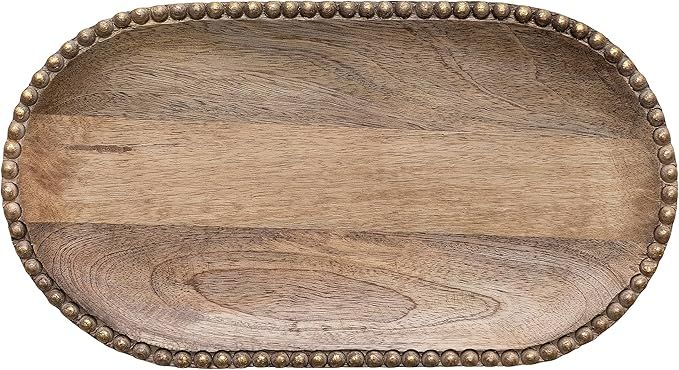 Creative Co-Op 16 Inches Hand-Carved Mango Wood Beads, Natural and Gold Finish Tray | Amazon (US)