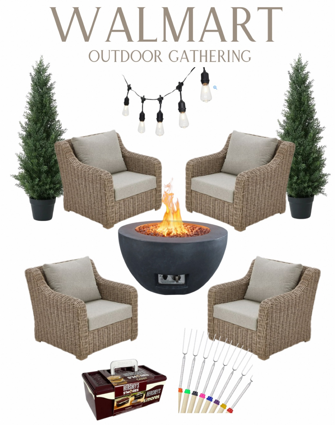Outdoor gathering 
Smores around the firepit 
Outdoor chairs, set of 2
Firepit table with hidden tank storage 
Smores kit
Smores skewers 
Outdoor string light 
Realistic cedar topiariess

#LTKFamily #LTKHome #LTKSeasonal