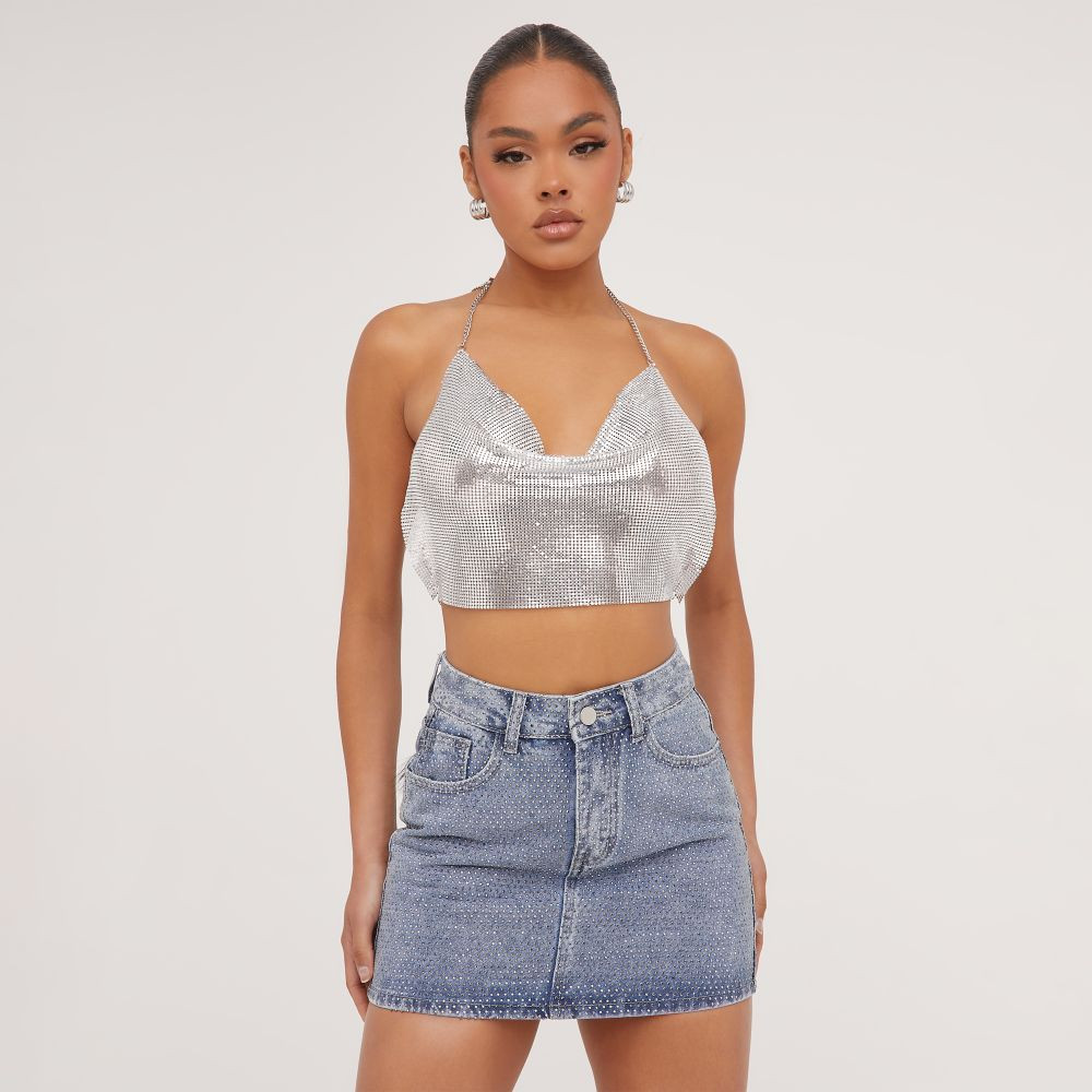 High Waist All Over Diamante Detail Mini Skirt In Blue Denim | EGO (UK)