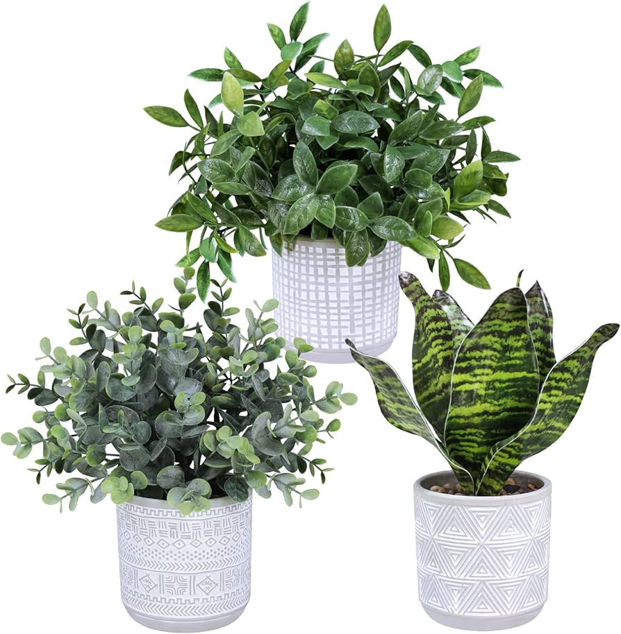 Set of 3 Small Potted Plants Faux Eucalyptus Plants and Tropical Snake Plant in Geometric Gray Po... | Amazon (US)