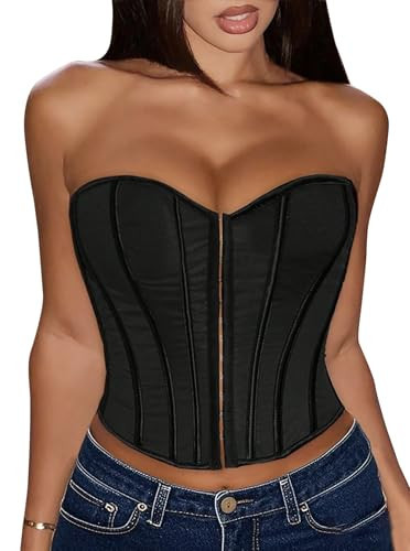 Benfoly Women's Lace up Boned Overbust Corset Tube Top Strapless Bustier Lingerie Bodyshaper Tops Black Medium | Amazon (US)