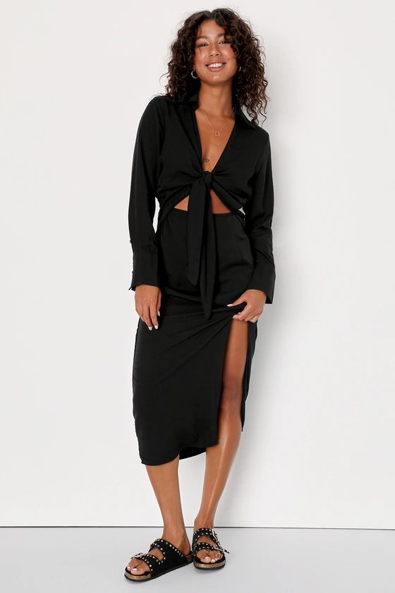 Long Story Shirt Black Long Sleeve Tie-Front Midi Dress | Lulus (US)