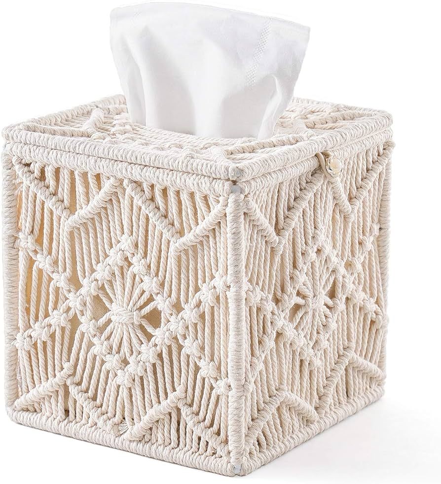 Mkono Tissue Box Cover Boho Decor Square Paper Tissue Holder with Bead Buckle Macrame Napkin Tiss... | Amazon (US)
