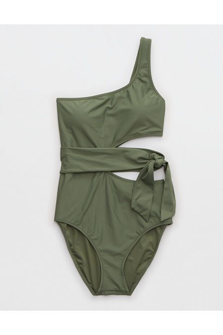 Aerie Cut Out Tie Asymmetrical One Piece Swimsuit | American Eagle Outfitters (US & CA)