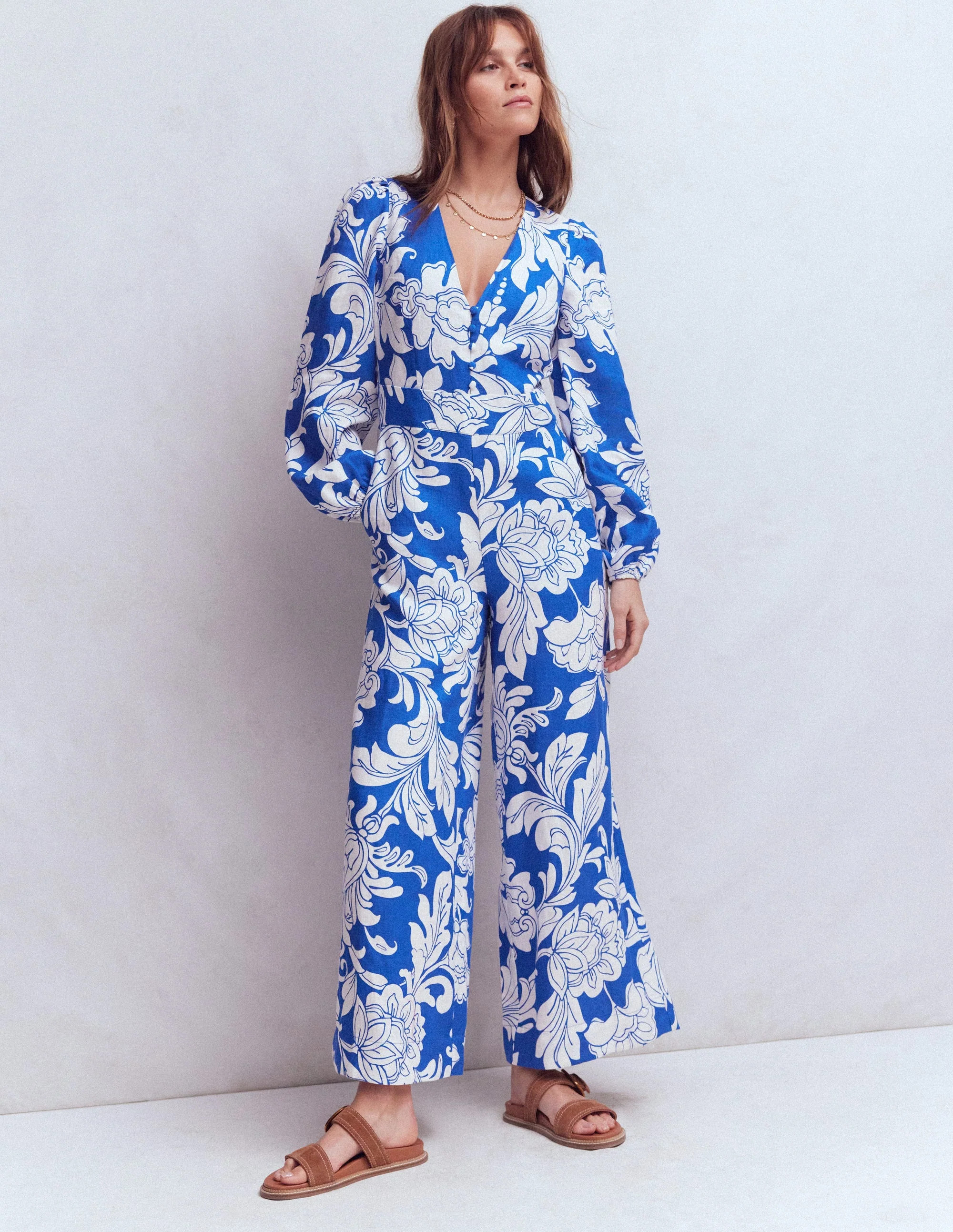 Lola Linen Jumpsuit-Blue Botanical Flourish Mono | Boden (US)
