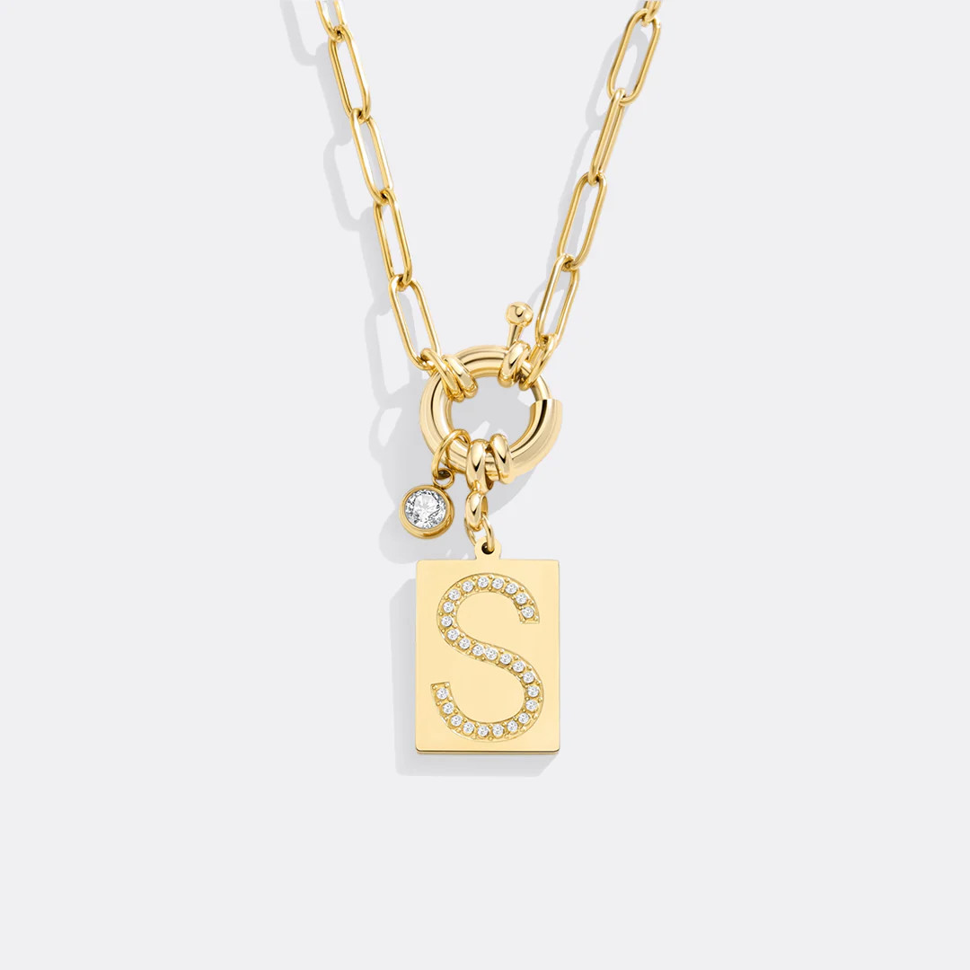 Pave Initial Pendant Necklace with Paperclip Chain | Mint & Lily