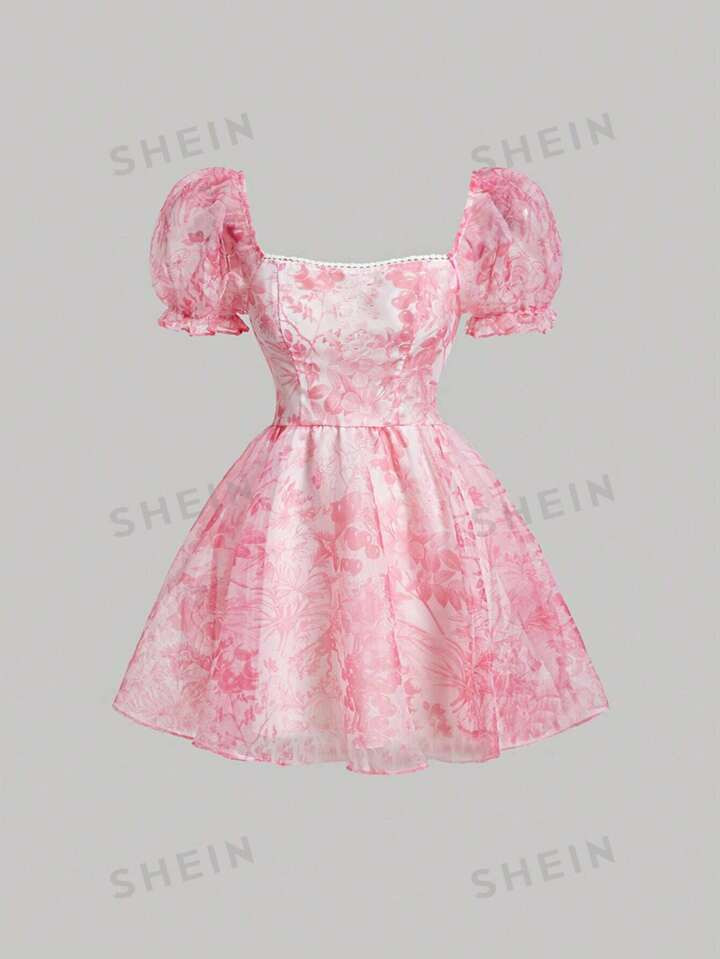 SHEIN MOD Floral Print Puff Sleeve Organza Dress | SHEIN