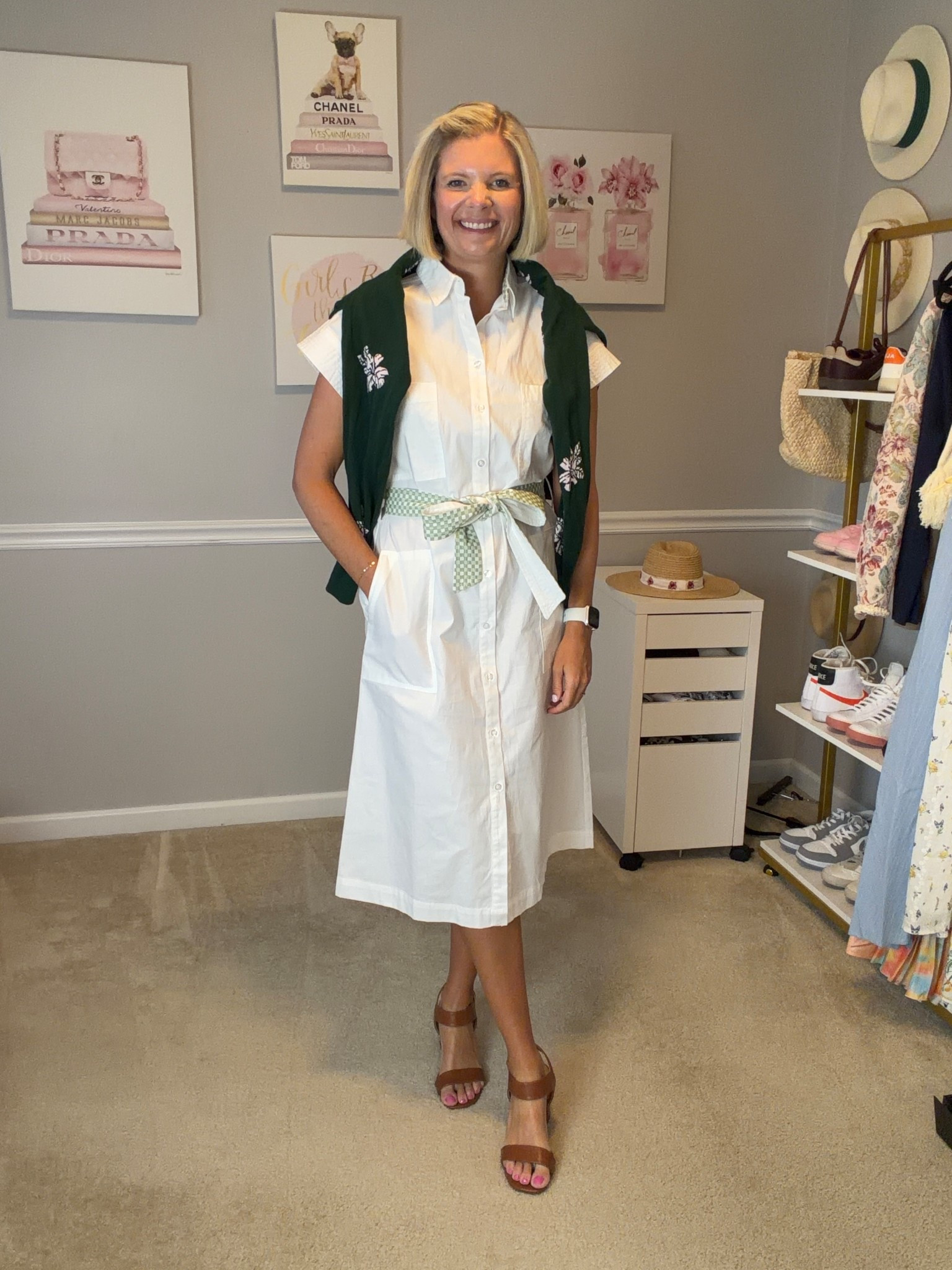 White midi dress with pockets and green belt TTS
Green and pink floral sweater (I went up one size)

#LTKOver40 #LTKWorkwear #LTKMidsize