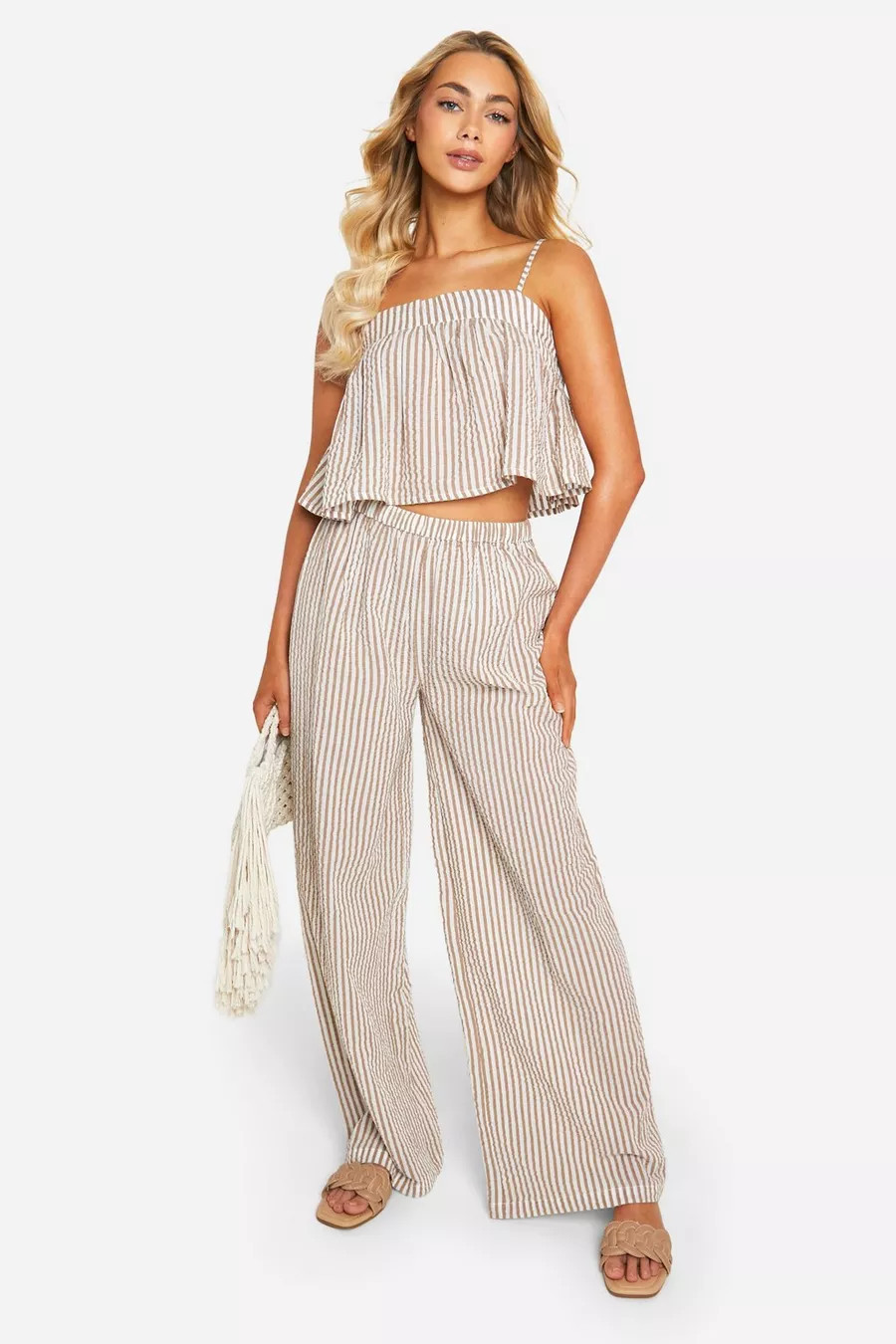 Tonal Stripe Seersucker Wide Leg Trouser | Boohoo.com (UK & IE)