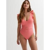 New Look Coral Frill Sleeve Belted Swimsuit | Very (UK)
