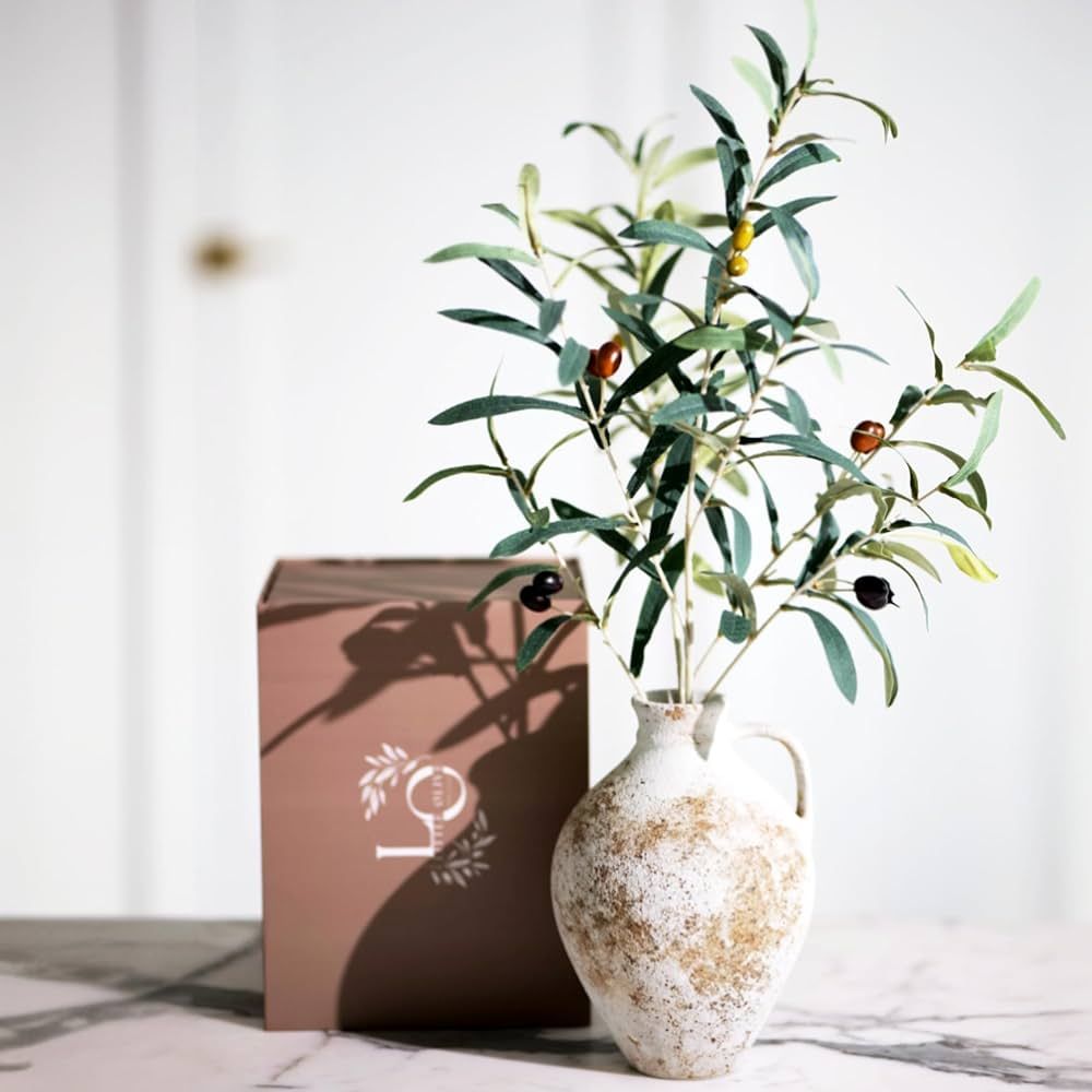 10 Inch Rustic White Vase - Includes 24 Inch Olive Branches for Vase - Ceramic Vase - Fake Plants... | Amazon (US)