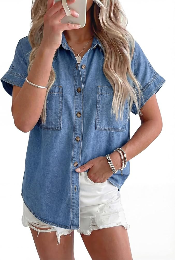 Sidefeel Women's Button Down Denim Shirt Collared Short Sleeve Jean Shirt Blouse with Pockets | Amazon (US)
