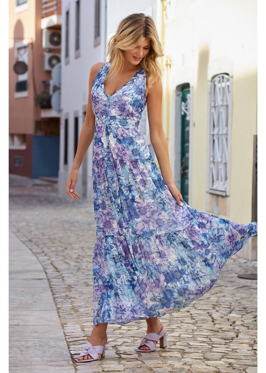 Floral Covered-Button Sleeveless Maxi Dress | Boston Proper