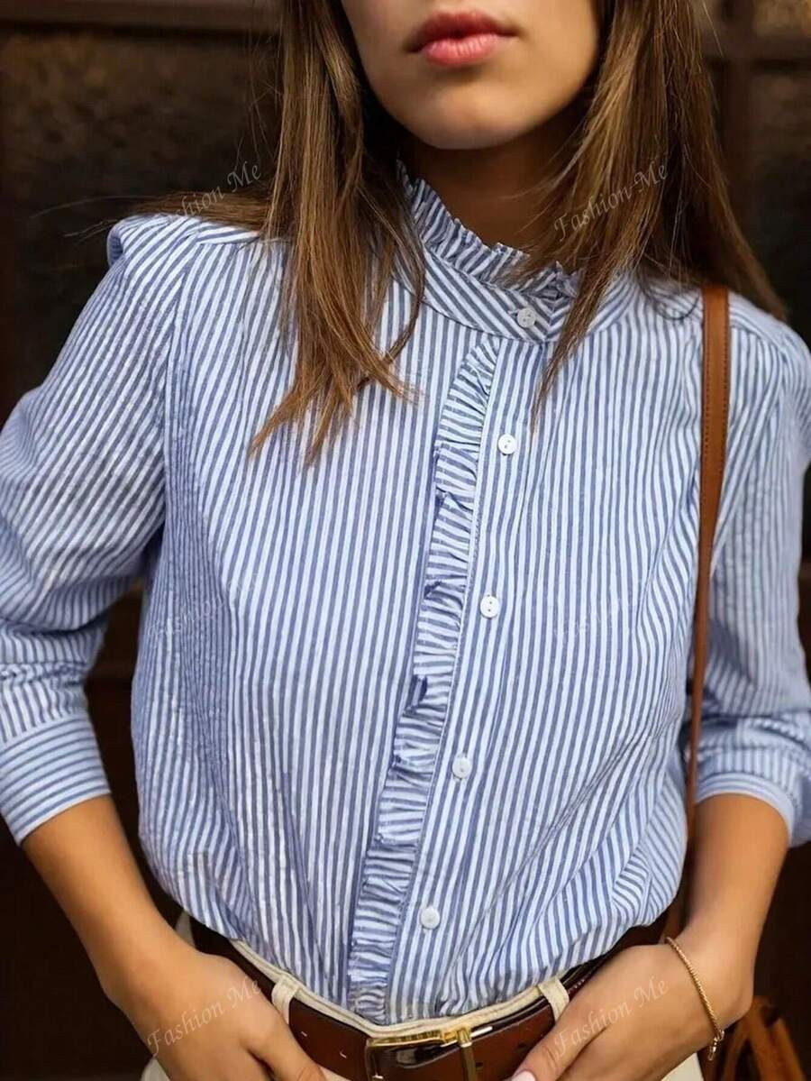 Women's Striped Print Casual Elegant Ruffle Collar Long Sleeve Blouse Top | SHEIN