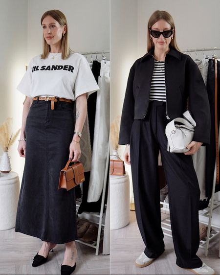 Spring outfits styled from my capsule wardrobe.

Monochrome outfit ideas ft maxi skirt and black trousers.

Get 10% off my Jil Sander t-shirt + Jacquemus le grand bambino at Farfetch until the end of April 2023 with code - FF10CB *t&cs apply 

#farfetch #monochrome #springstyle 

#LTKsalealert #LTKSeasonal #LTKeurope