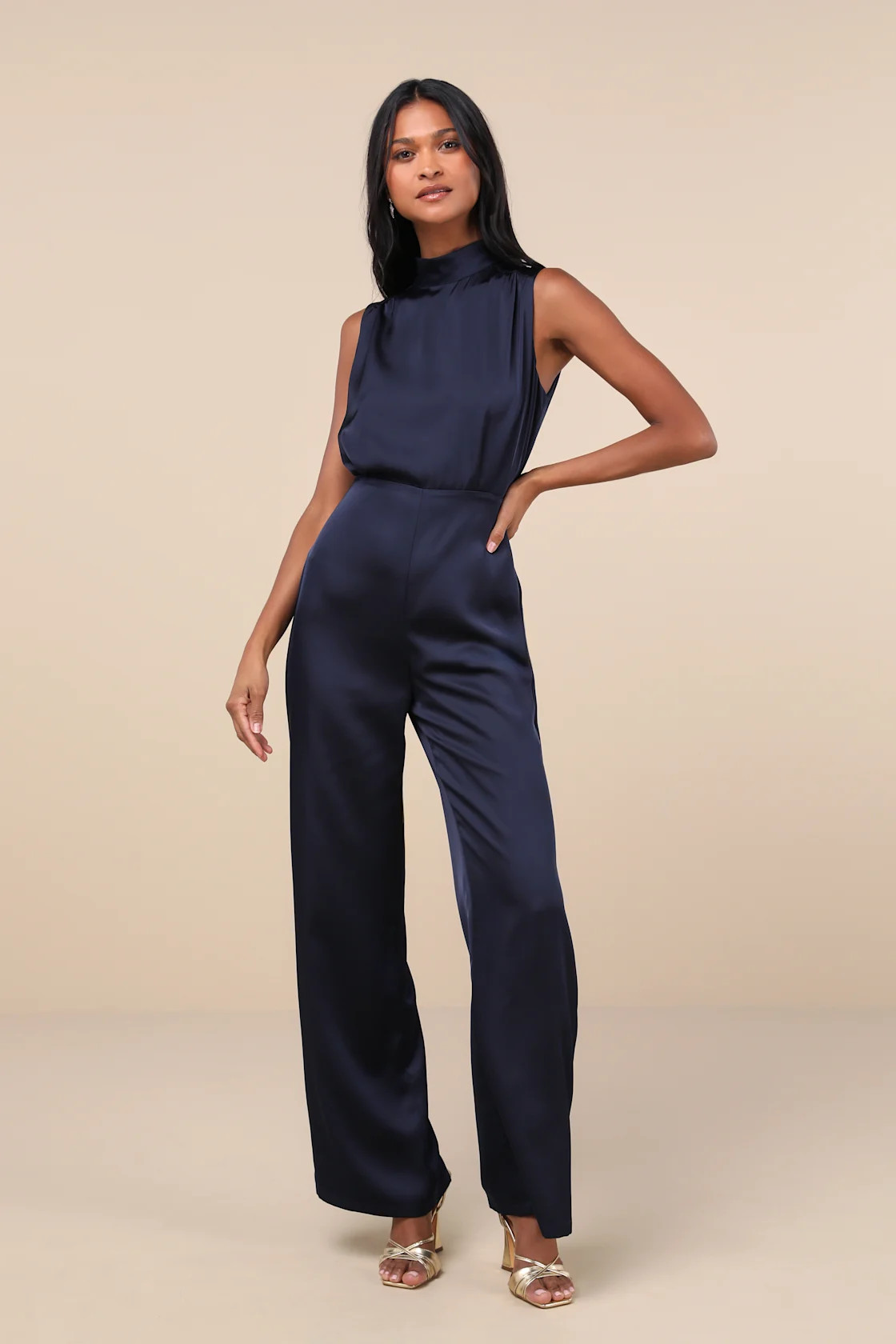 Classic Elegance Navy Blue Satin Sleeveless Mock Neck Jumpsuit | Lulus