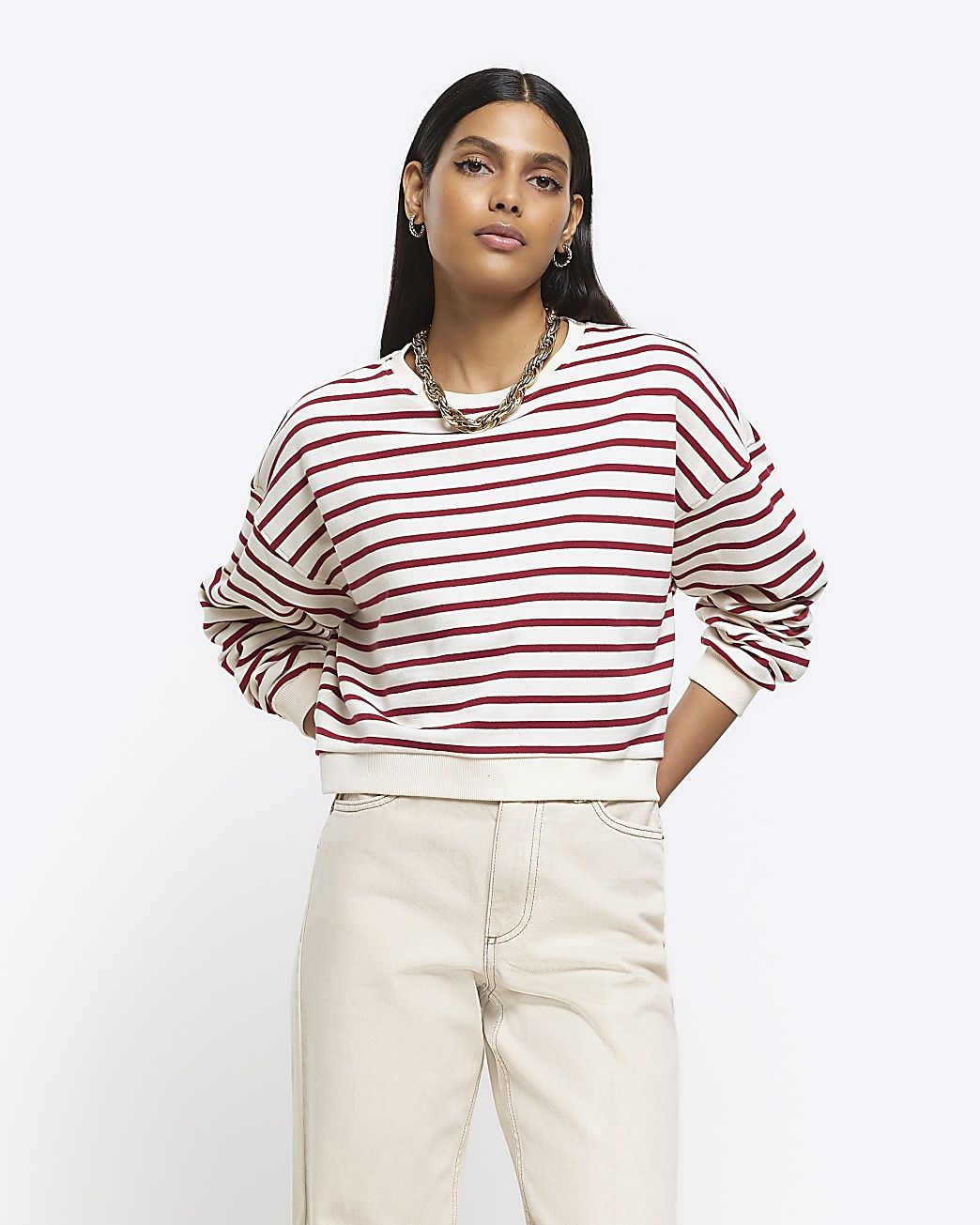 Red stripe crop sweatshirt | River Island (UK & IE)