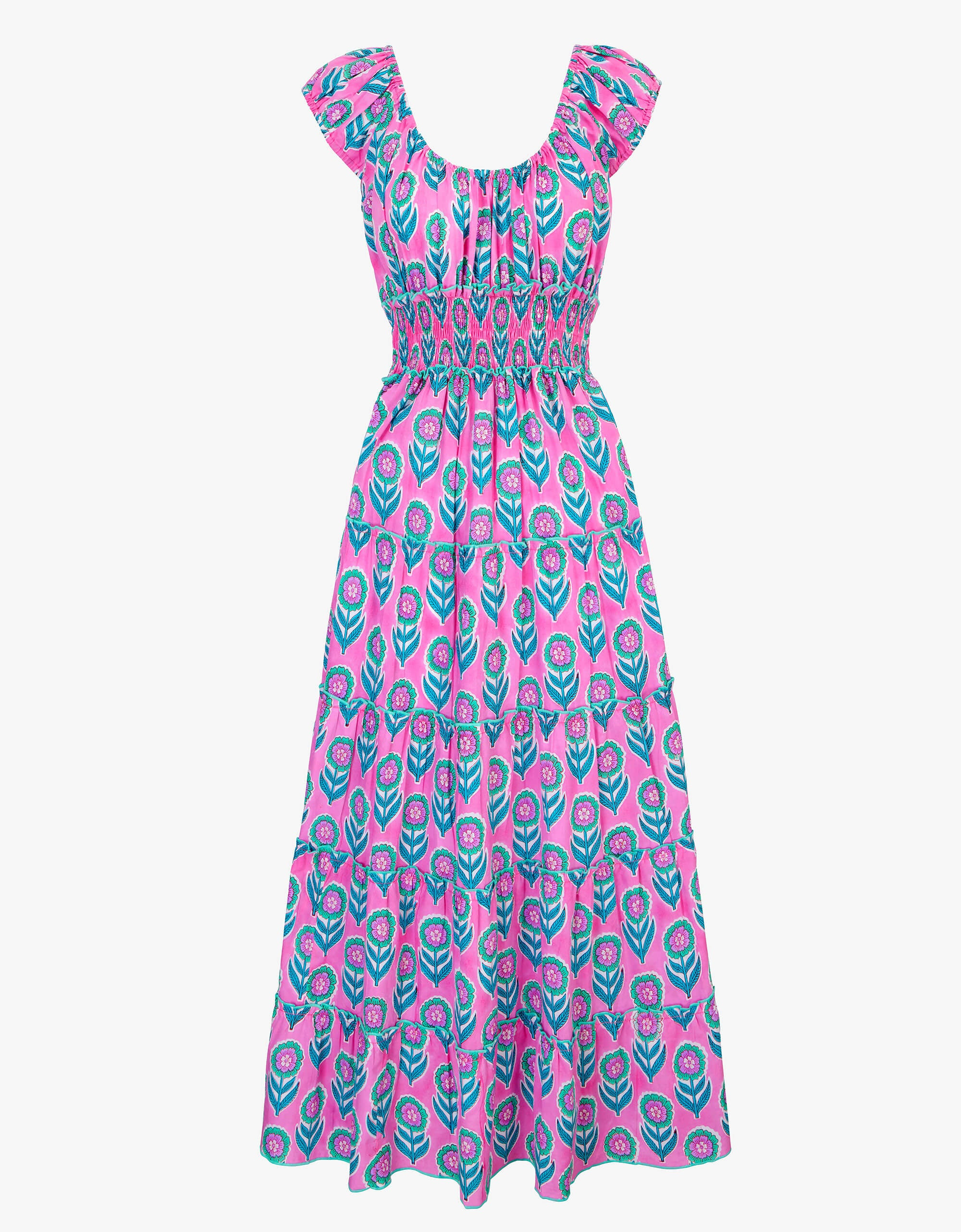 Rah Rah Dress | Lilac & Mint Green Floral Midi | Block Print Cotton | Pink City Prints UK