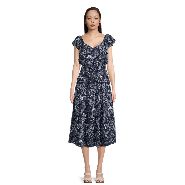 Time and Tru Women's Smocked Midi Dress with Flutter Sleeves, Sizes XS-XXXL | Walmart (US)