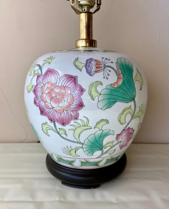 Chinese Ginger Jar Table Lamp Pretty Multicolored Lotus Flower Hand Painted Pinks Greens Florals ... | Etsy (US)