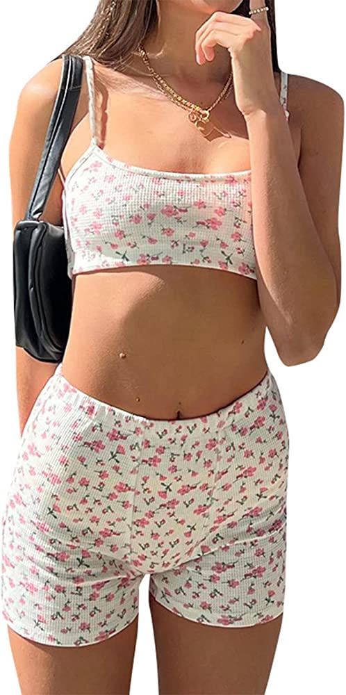 WZTYYDS Women Two Pieces Knitted Shorts Set Sleeveless Straps Floral Crop Tank Tops High Waist Sh... | Amazon (US)
