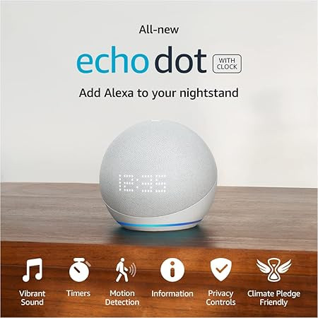 Echo Dot (5th Gen, 2022 release) with clock | Smart speaker with clock and Alexa | Glacier White | Amazon (US)