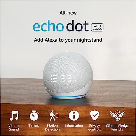 Echo Dot (5th Gen, 2022 release) with clock | Smart speaker with clock and Alexa | Glacier White | Amazon (US)