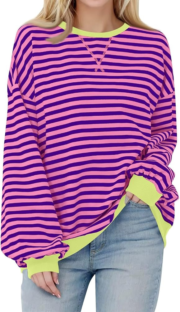 Womens Oversized Sweatshirt Casual Striped Color Block Long Sleeve Crewneck Pullover Tops Fall Ou... | Amazon (US)