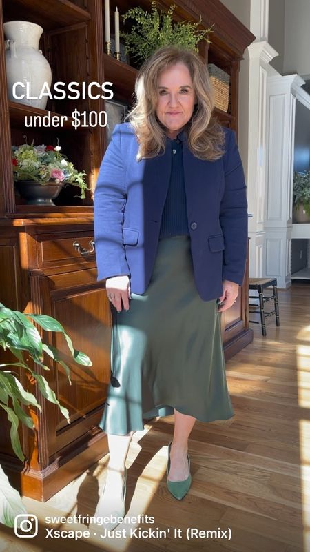 Navy blazer size XL use code NANETTE10 for 10% off
Silk slip skirt size XL. ID SAY TRUE TO SUZE. You could go with your smaller or larger size. There’s room. 

Office outfit work outfit Sunday dress 

#LTKsalealert #LTKunder100 #LTKworkwear