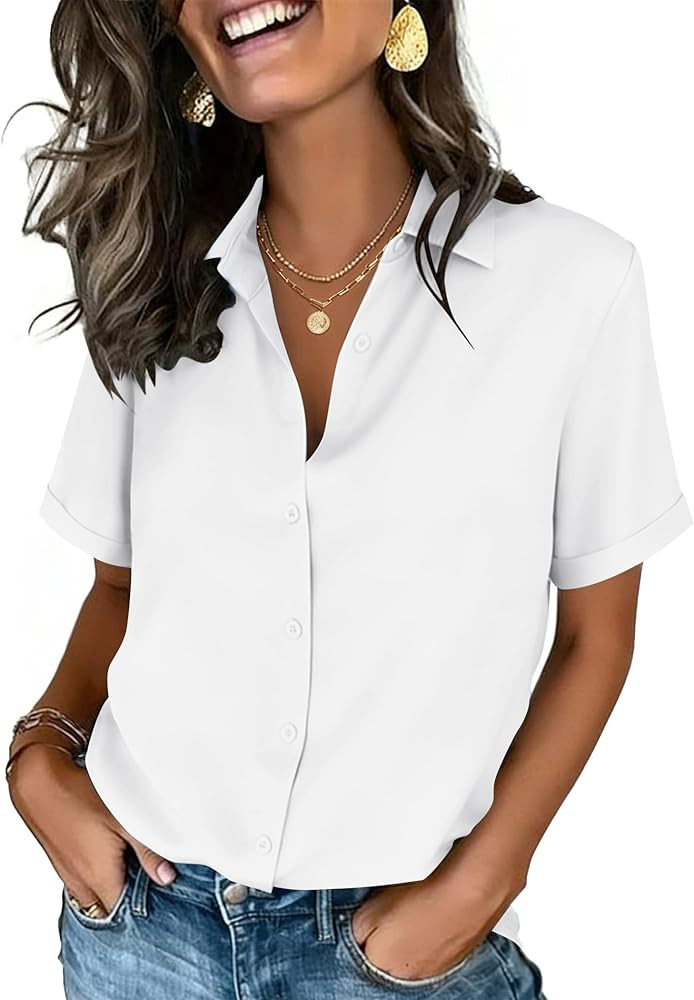 Amazon.com: Zeagoo White Button Down Shirt Women Short Sleeve Cute Summer Tops Dressy Casual Coll... | Amazon (US)