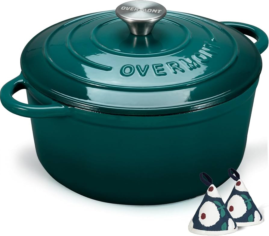 Overmont Enameled Cast Iron Dutch Oven - 5.5QT Pot with Lid Cookbook & Cotton Potholders - Heavy-... | Amazon (US)