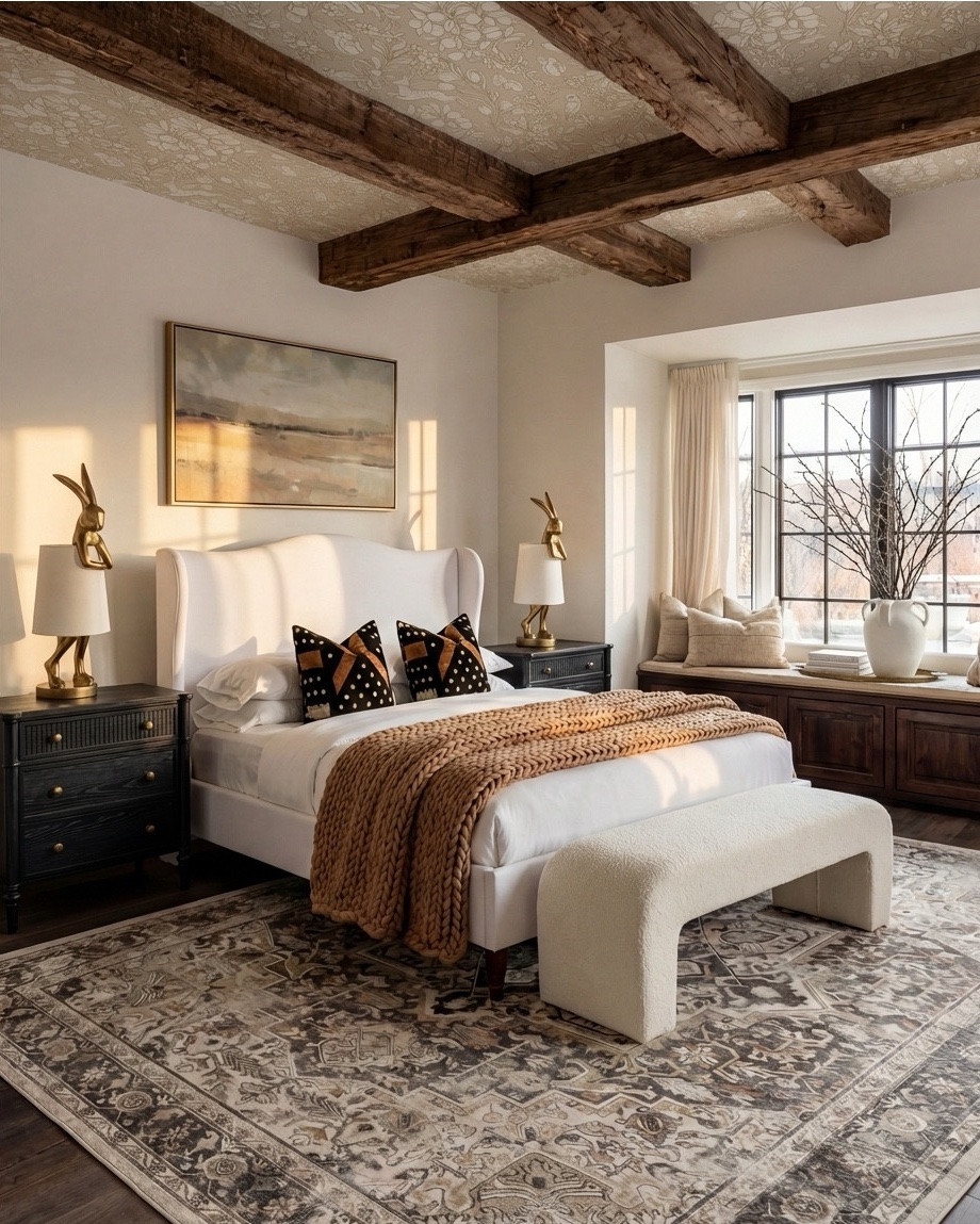 Shop the Look: Bedroom Refresh
This bedroom feels warm, layered, and quietly elevated. Rustic wood ceiling beams bring character and age, while soft neutral upholstery and tailored bedding keep the space feeling polished and calm. Dark wood casegoods ground the room, balanced by creamy textiles, warm brass accents, and subtle pattern throughout. Every detail feels intentional but effortless—classic, timeless, and livable.

The styling leans collected rather than decorated: chunky knits, sculptural ceramics, soft candlelight, and muted artwork that adds depth without overpowering the space.

Shop the Look:
• Upholstered wingback bed (ivory fabric)
• White cotton bedding set
• Neutral euro pillows
• Black and tan patterned accent pillows
• Chunky knit throw blanket (camel brown)
• Dark black wood nightstands
• Decorative bunny Brass table lamps with white shades
• Framed abstract wall art (neutral tones)
• Vintage-style area rug (beige and taupe)
• Dark black wood dresser with brass hardware
• Brass ring drawer pulls
• Glass hurricane candle holders
• White pillar candles
• Decorative brass tray
• Sculptural brass decor object
• Small stone sculpture 
• Light beige linen curtains
• Ceramic vase (off-white)
• Decorative branches
• Coffee table books (neutral covers)
• Upholstered bench at foot of bed (cream fabric)
• Upholstered wood accent chair 
• Round ribbed black end table

#LTKhome #LTKsale #LTKstyletip