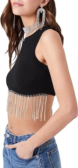 INFULEIMU Women Sparkly Rhinestone Fringe Sleeveless Round Neck Slim Fitted Crop Tank Tops Ribbed... | Amazon (US)