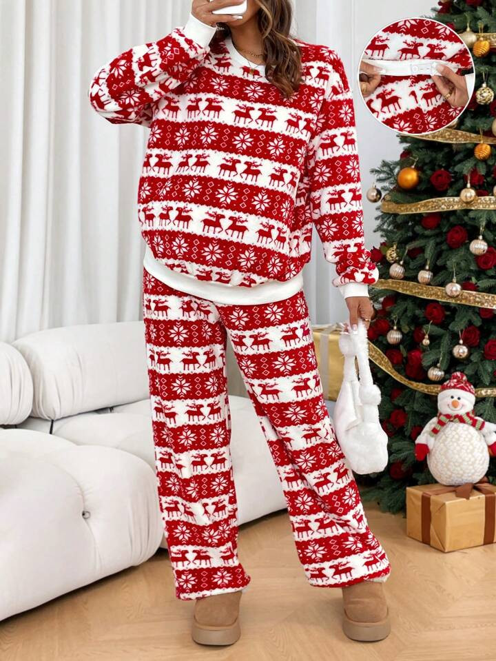 SHEIN Maternity Christmas 2pcs/Set Plus Size Christmas Print Reversible Fleece Long Sleeve Hoodie... | SHEIN