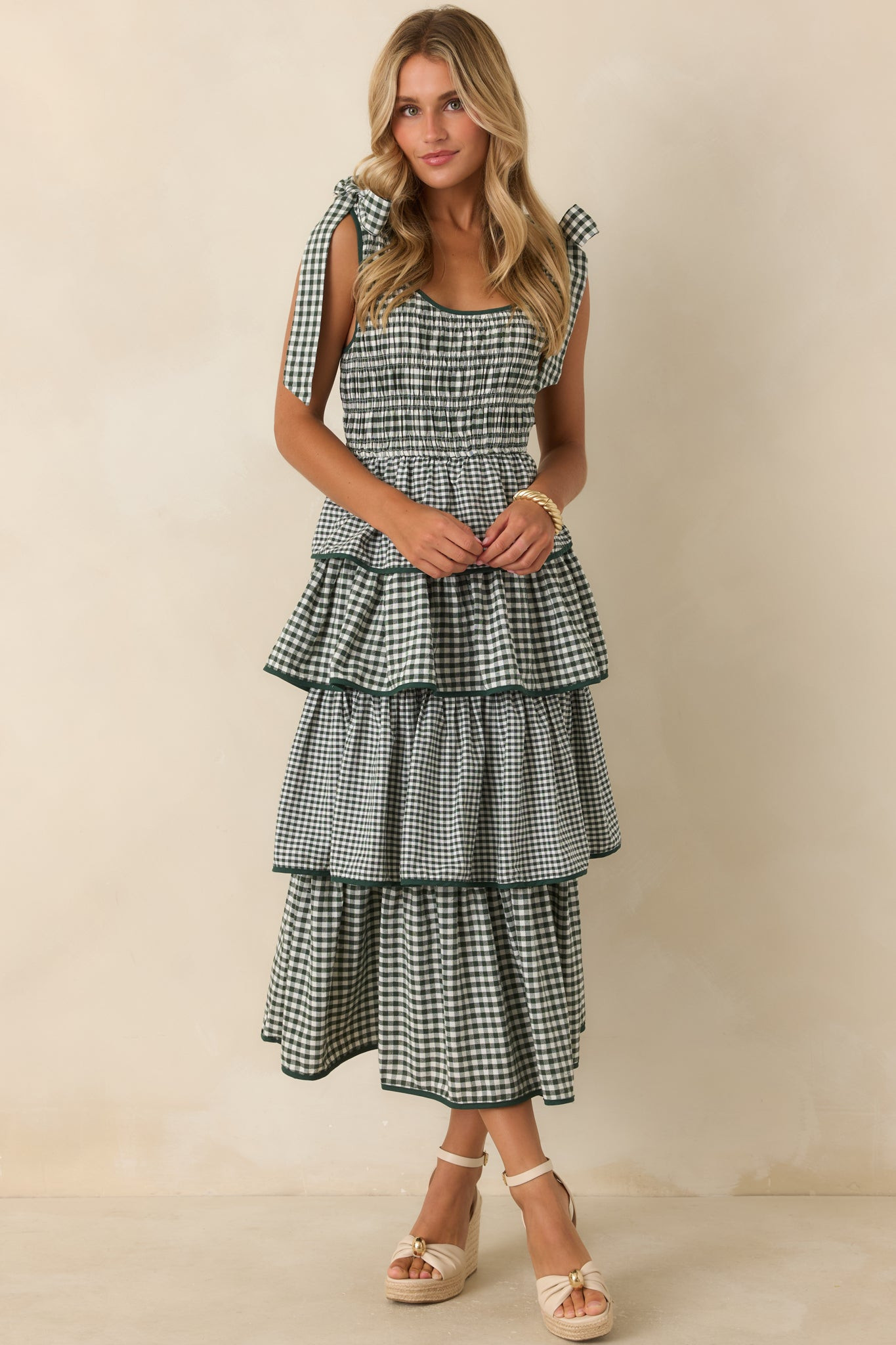Garden Party Plans Hunter Green Gingham Tiered Midi Dress L / Green | Red Dress