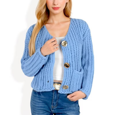 Anna-Kaci Women's Chunky Knit Cardigan with Statement Button Front and Deep Pockets - Large, Blue | Target