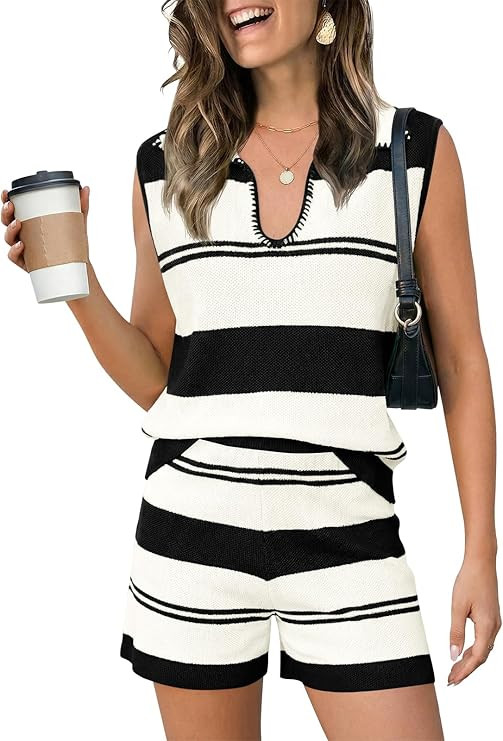 Tankaneo Womens 2 Piece Color Block Short Sets Summer V Neck Sleeveless Striped Tank Tops Sweater... | Amazon (US)