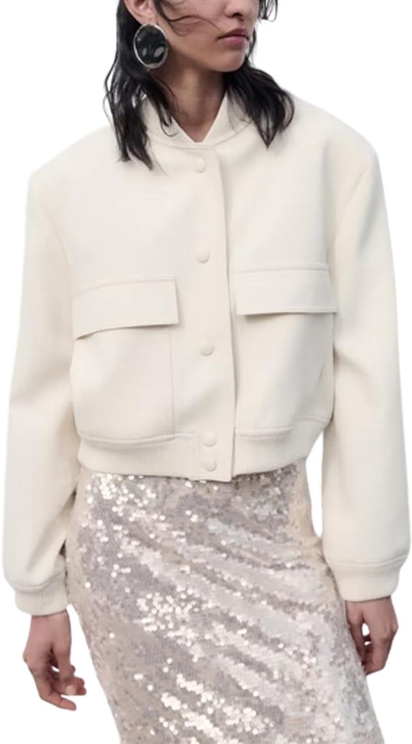 Yidarer Women's Cropped Bomber Jackets Casual Button Down Varsity Jacket Coat with Pockets | Amazon (US)