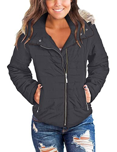 Vetinee Women Odyssey Grey Hooded Faux Fur Lapel Zip Pockets Quilted Parka Jacket Casual Puffer Coat Size Small Size 4 Size 6 | Amazon (US)
