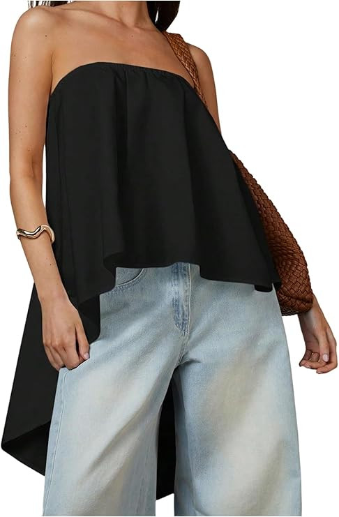 SweatyRocks Women's Asymmetrical High Low Tube Tops Open Back Strapless Flowy Bandeau Blouses Bla... | Amazon (US)